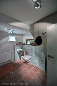 Our small bathroom on the ground floor. Please do not operate the trapdoor.