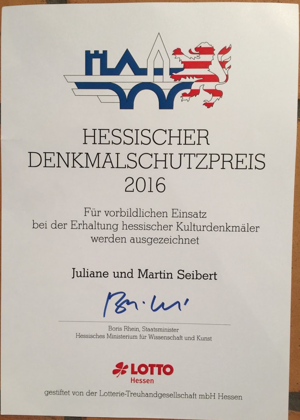 Official certificate of Federal State of Hesse, Germany for our award.